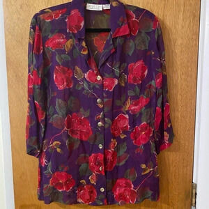 Lolette Women’s Aubergine Floral Print Embellished Sheer Blouse, Size M